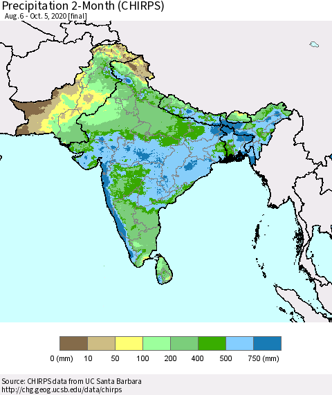 Southern Asia Precipitation 2-Month (CHIRPS) Thematic Map For 8/6/2020 - 10/5/2020