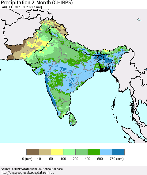 Southern Asia Precipitation 2-Month (CHIRPS) Thematic Map For 8/11/2020 - 10/10/2020