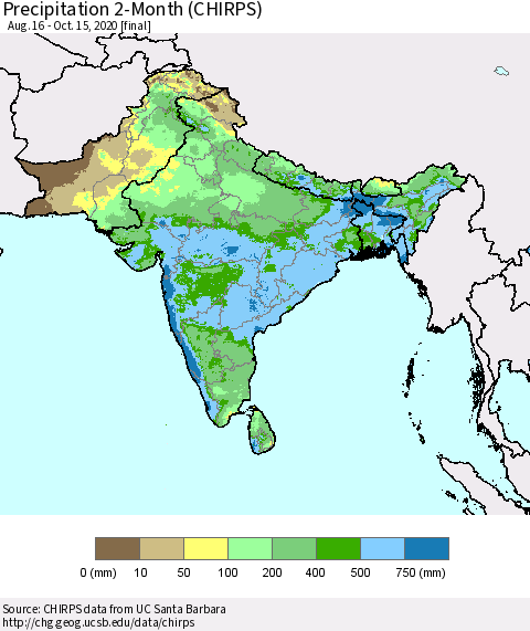 Southern Asia Precipitation 2-Month (CHIRPS) Thematic Map For 8/16/2020 - 10/15/2020
