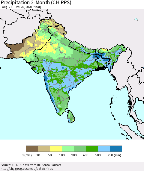 Southern Asia Precipitation 2-Month (CHIRPS) Thematic Map For 8/21/2020 - 10/20/2020