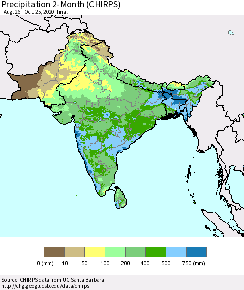 Southern Asia Precipitation 2-Month (CHIRPS) Thematic Map For 8/26/2020 - 10/25/2020