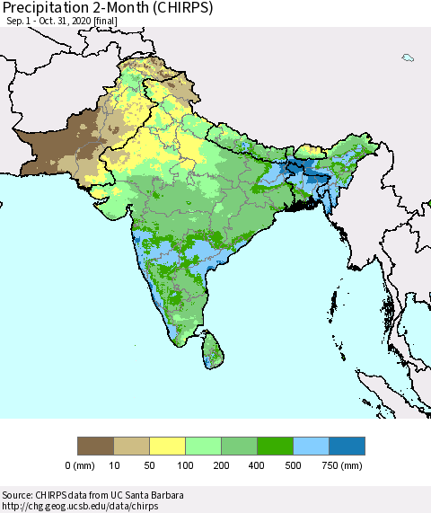 Southern Asia Precipitation 2-Month (CHIRPS) Thematic Map For 9/1/2020 - 10/31/2020