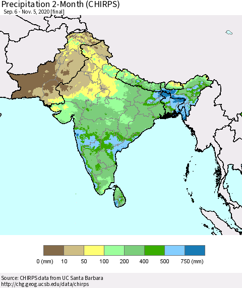 Southern Asia Precipitation 2-Month (CHIRPS) Thematic Map For 9/6/2020 - 11/5/2020