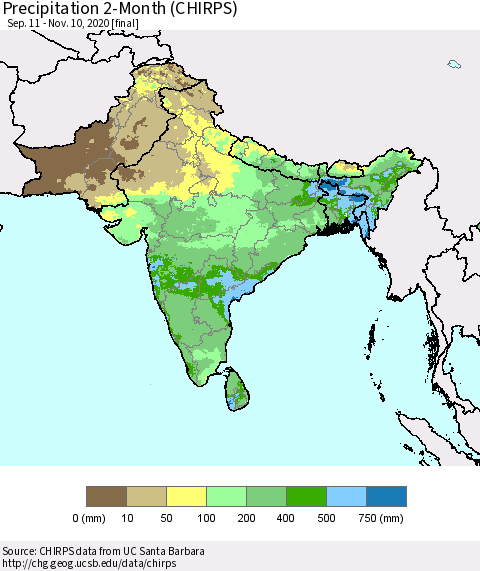 Southern Asia Precipitation 2-Month (CHIRPS) Thematic Map For 9/11/2020 - 11/10/2020