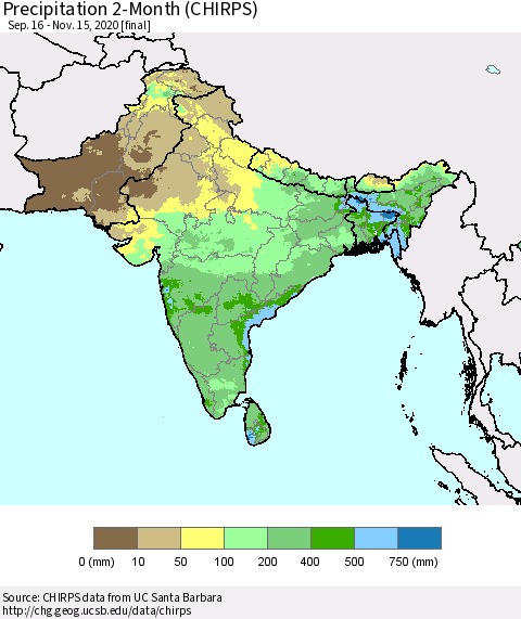Southern Asia Precipitation 2-Month (CHIRPS) Thematic Map For 9/16/2020 - 11/15/2020