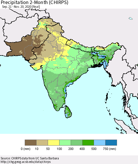 Southern Asia Precipitation 2-Month (CHIRPS) Thematic Map For 9/21/2020 - 11/20/2020