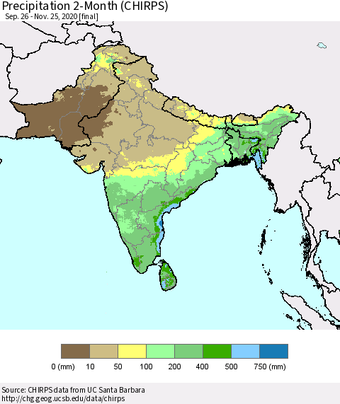Southern Asia Precipitation 2-Month (CHIRPS) Thematic Map For 9/26/2020 - 11/25/2020