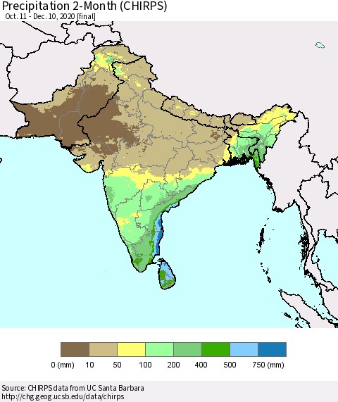 Southern Asia Precipitation 2-Month (CHIRPS) Thematic Map For 10/11/2020 - 12/10/2020