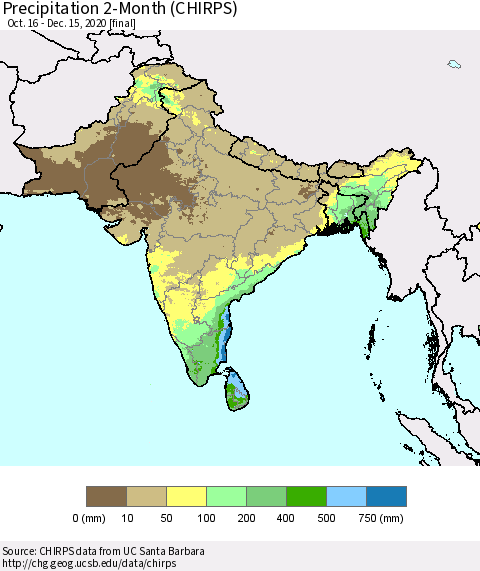 Southern Asia Precipitation 2-Month (CHIRPS) Thematic Map For 10/16/2020 - 12/15/2020