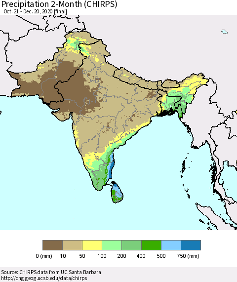 Southern Asia Precipitation 2-Month (CHIRPS) Thematic Map For 10/21/2020 - 12/20/2020
