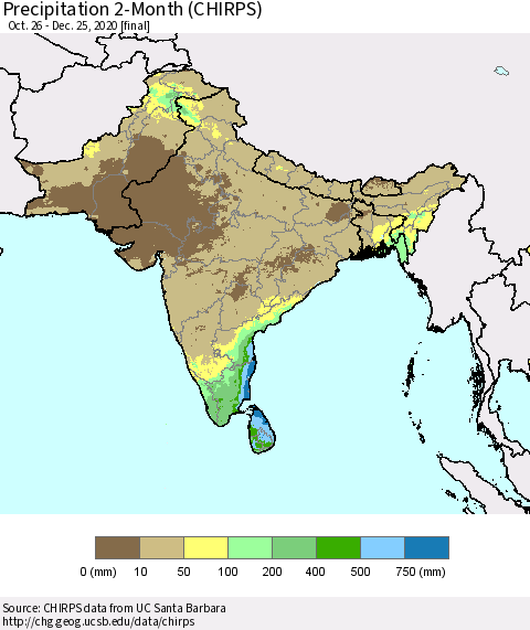 Southern Asia Precipitation 2-Month (CHIRPS) Thematic Map For 10/26/2020 - 12/25/2020