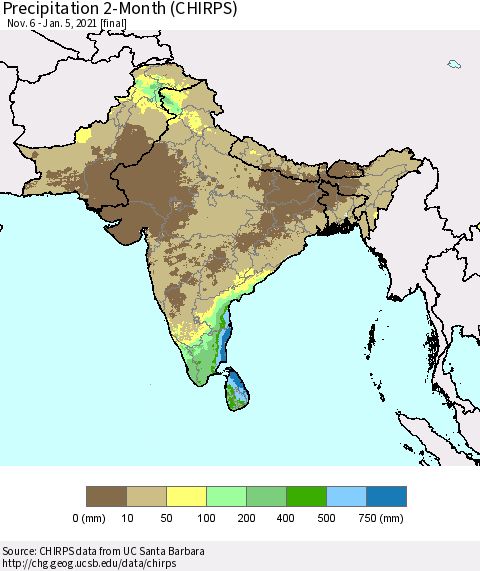 Southern Asia Precipitation 2-Month (CHIRPS) Thematic Map For 11/6/2020 - 1/5/2021