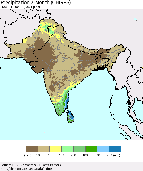 Southern Asia Precipitation 2-Month (CHIRPS) Thematic Map For 11/11/2020 - 1/10/2021