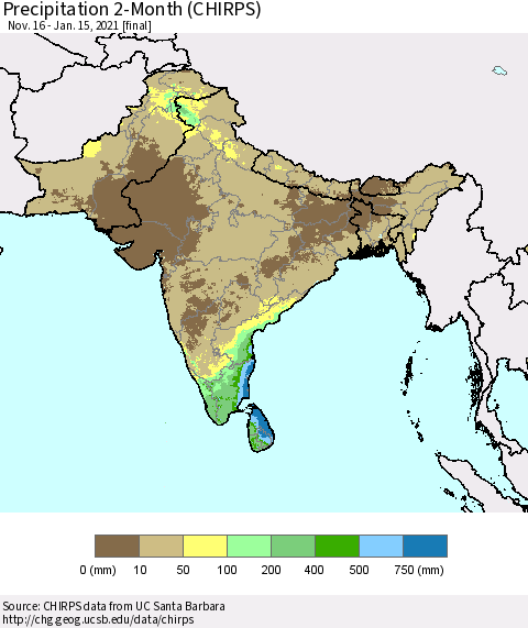 Southern Asia Precipitation 2-Month (CHIRPS) Thematic Map For 11/16/2020 - 1/15/2021