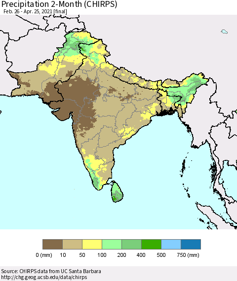 Southern Asia Precipitation 2-Month (CHIRPS) Thematic Map For 2/26/2021 - 4/25/2021