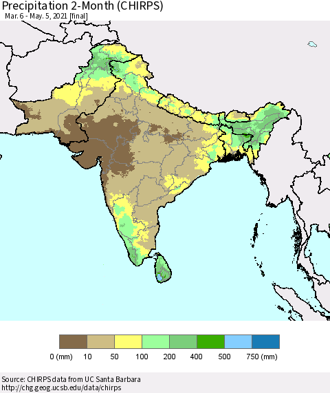 Southern Asia Precipitation 2-Month (CHIRPS) Thematic Map For 3/6/2021 - 5/5/2021