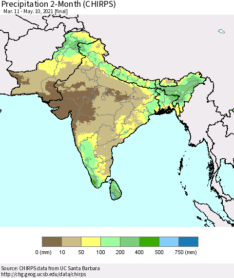Southern Asia Precipitation 2-Month (CHIRPS) Thematic Map For 3/11/2021 - 5/10/2021