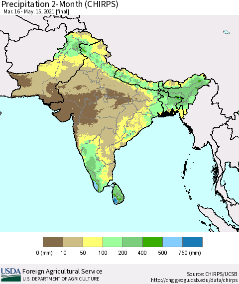 Southern Asia Precipitation 2-Month (CHIRPS) Thematic Map For 3/16/2021 - 5/15/2021