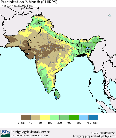 Southern Asia Precipitation 2-Month (CHIRPS) Thematic Map For 3/21/2021 - 5/20/2021