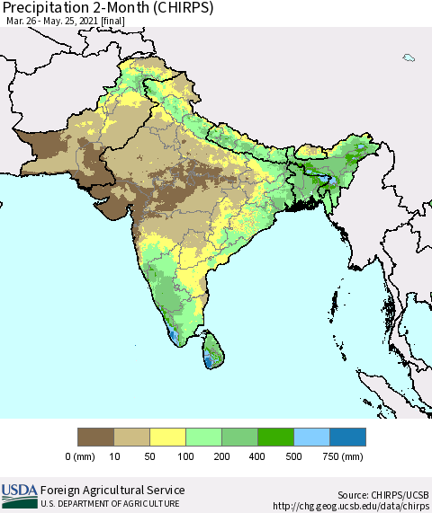 Southern Asia Precipitation 2-Month (CHIRPS) Thematic Map For 3/26/2021 - 5/25/2021