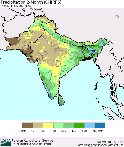 Southern Asia Precipitation 2-Month (CHIRPS) Thematic Map For 4/6/2021 - 6/5/2021