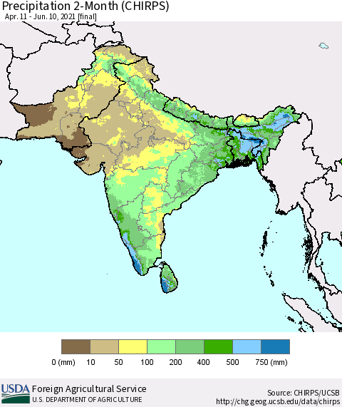 Southern Asia Precipitation 2-Month (CHIRPS) Thematic Map For 4/11/2021 - 6/10/2021