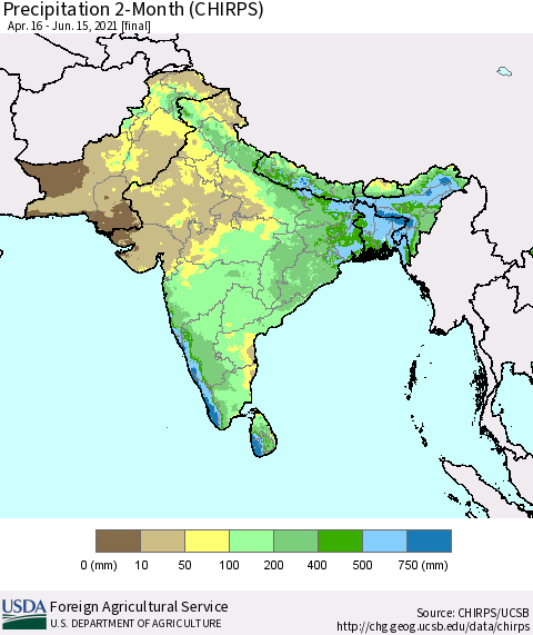 Southern Asia Precipitation 2-Month (CHIRPS) Thematic Map For 4/16/2021 - 6/15/2021