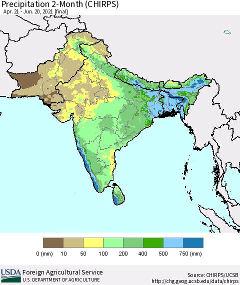 Southern Asia Precipitation 2-Month (CHIRPS) Thematic Map For 4/21/2021 - 6/20/2021