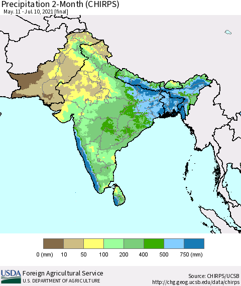 Southern Asia Precipitation 2-Month (CHIRPS) Thematic Map For 5/11/2021 - 7/10/2021