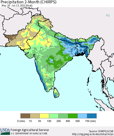 Southern Asia Precipitation 2-Month (CHIRPS) Thematic Map For 5/16/2021 - 7/15/2021