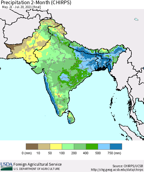 Southern Asia Precipitation 2-Month (CHIRPS) Thematic Map For 5/21/2021 - 7/20/2021