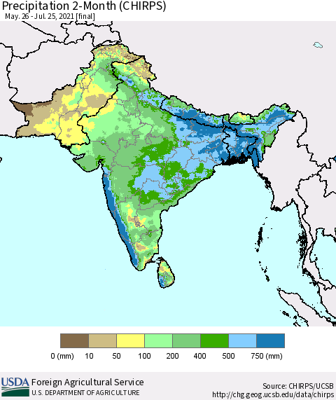 Southern Asia Precipitation 2-Month (CHIRPS) Thematic Map For 5/26/2021 - 7/25/2021