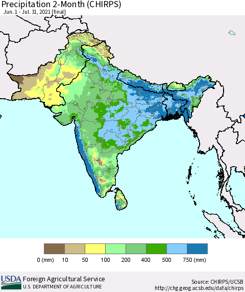 Southern Asia Precipitation 2-Month (CHIRPS) Thematic Map For 6/1/2021 - 7/31/2021