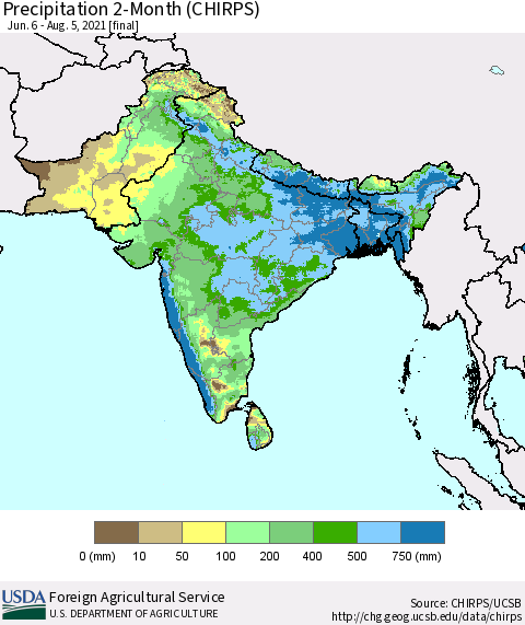 Southern Asia Precipitation 2-Month (CHIRPS) Thematic Map For 6/6/2021 - 8/5/2021