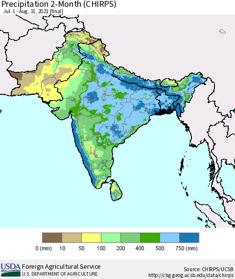 Southern Asia Precipitation 2-Month (CHIRPS) Thematic Map For 7/1/2021 - 8/31/2021