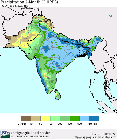 Southern Asia Precipitation 2-Month (CHIRPS) Thematic Map For 7/6/2021 - 9/5/2021