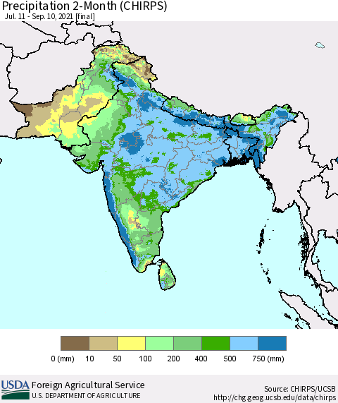 Southern Asia Precipitation 2-Month (CHIRPS) Thematic Map For 7/11/2021 - 9/10/2021