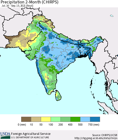 Southern Asia Precipitation 2-Month (CHIRPS) Thematic Map For 7/16/2021 - 9/15/2021