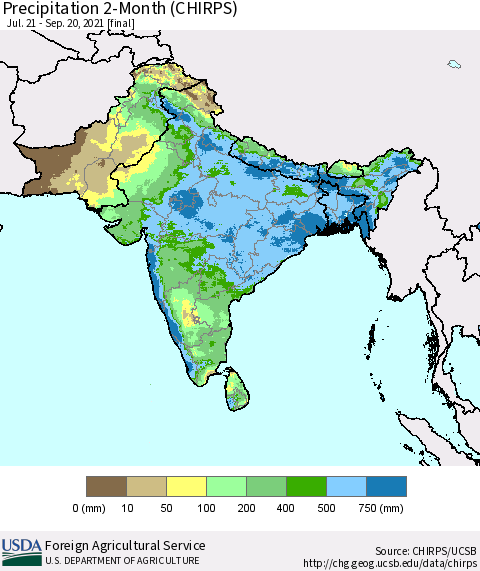 Southern Asia Precipitation 2-Month (CHIRPS) Thematic Map For 7/21/2021 - 9/20/2021