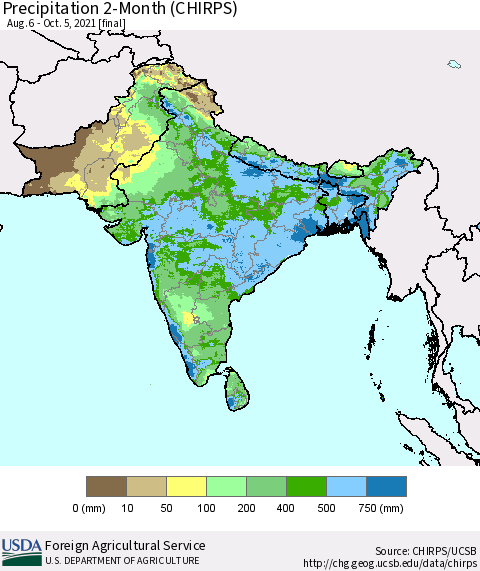 Southern Asia Precipitation 2-Month (CHIRPS) Thematic Map For 8/6/2021 - 10/5/2021