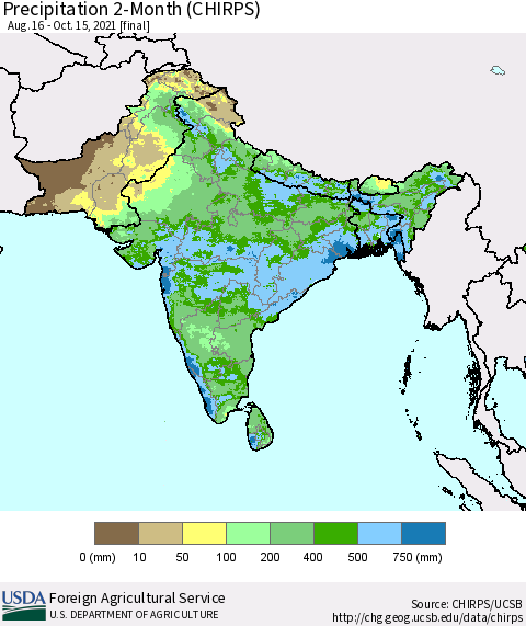 Southern Asia Precipitation 2-Month (CHIRPS) Thematic Map For 8/16/2021 - 10/15/2021