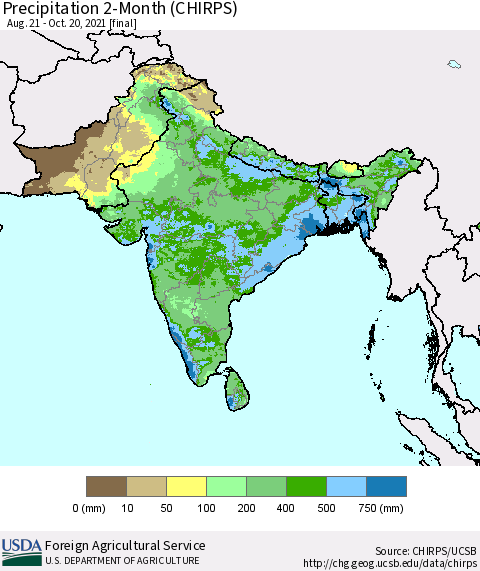 Southern Asia Precipitation 2-Month (CHIRPS) Thematic Map For 8/21/2021 - 10/20/2021