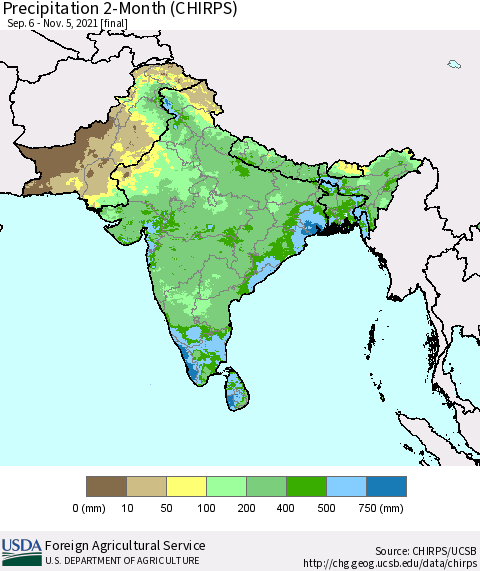 Southern Asia Precipitation 2-Month (CHIRPS) Thematic Map For 9/6/2021 - 11/5/2021