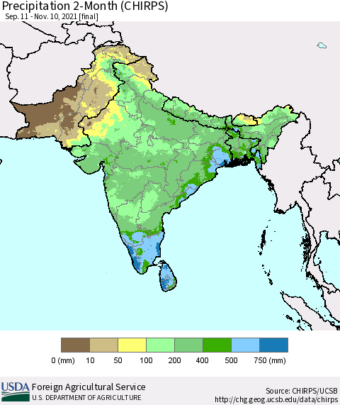 Southern Asia Precipitation 2-Month (CHIRPS) Thematic Map For 9/11/2021 - 11/10/2021