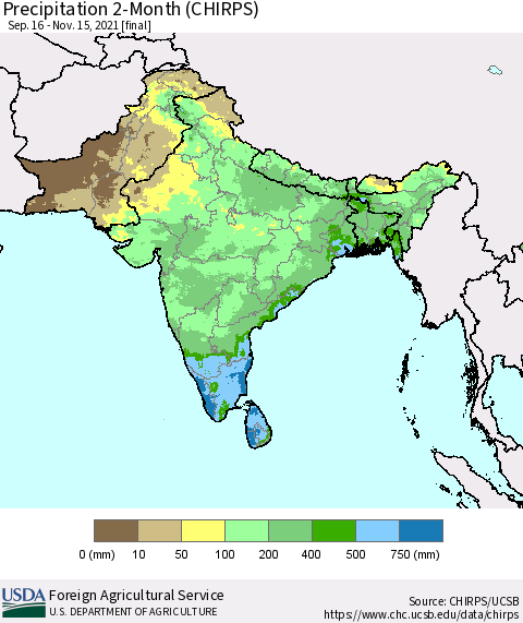 Southern Asia Precipitation 2-Month (CHIRPS) Thematic Map For 9/16/2021 - 11/15/2021