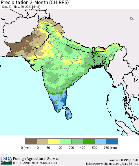 Southern Asia Precipitation 2-Month (CHIRPS) Thematic Map For 9/21/2021 - 11/20/2021