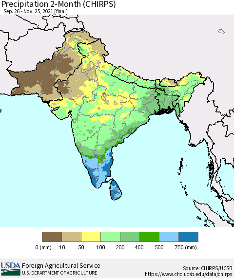 Southern Asia Precipitation 2-Month (CHIRPS) Thematic Map For 9/26/2021 - 11/25/2021