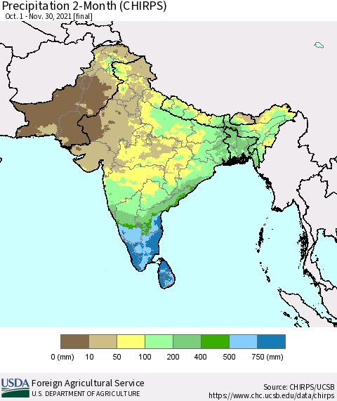Southern Asia Precipitation 2-Month (CHIRPS) Thematic Map For 10/1/2021 - 11/30/2021