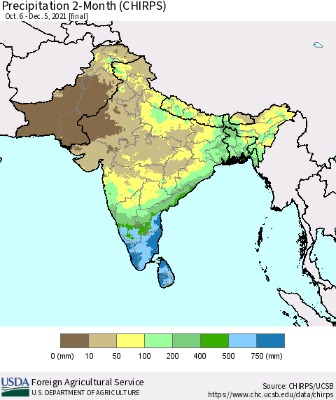 Southern Asia Precipitation 2-Month (CHIRPS) Thematic Map For 10/6/2021 - 12/5/2021