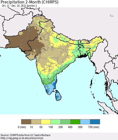 Southern Asia Precipitation 2-Month (CHIRPS) Thematic Map For 10/11/2021 - 12/10/2021